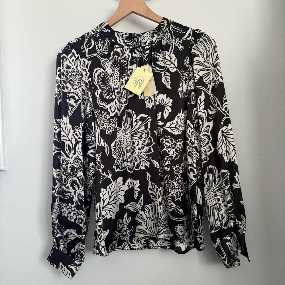 Margaret O'leary Small NEW Avery Blouse Cristelle Silk Black Floral Puff Sleeve